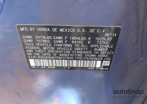 2015 Honda Fit Ex/Ex-L из США, поврежденный, VIN 3HGGK5H87FM727949